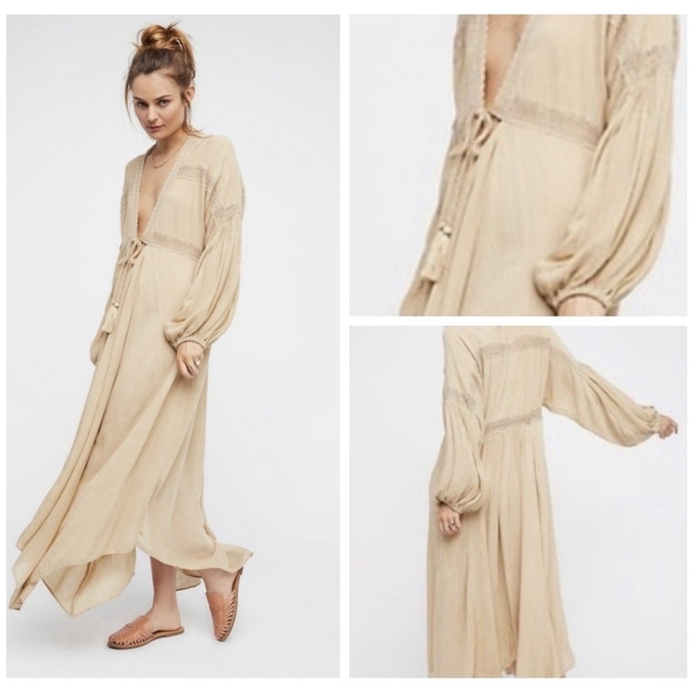 Intimately Free People Just‎ Like Lucy Dress Sz S Tan Gauzy Lace Trim Ethereal